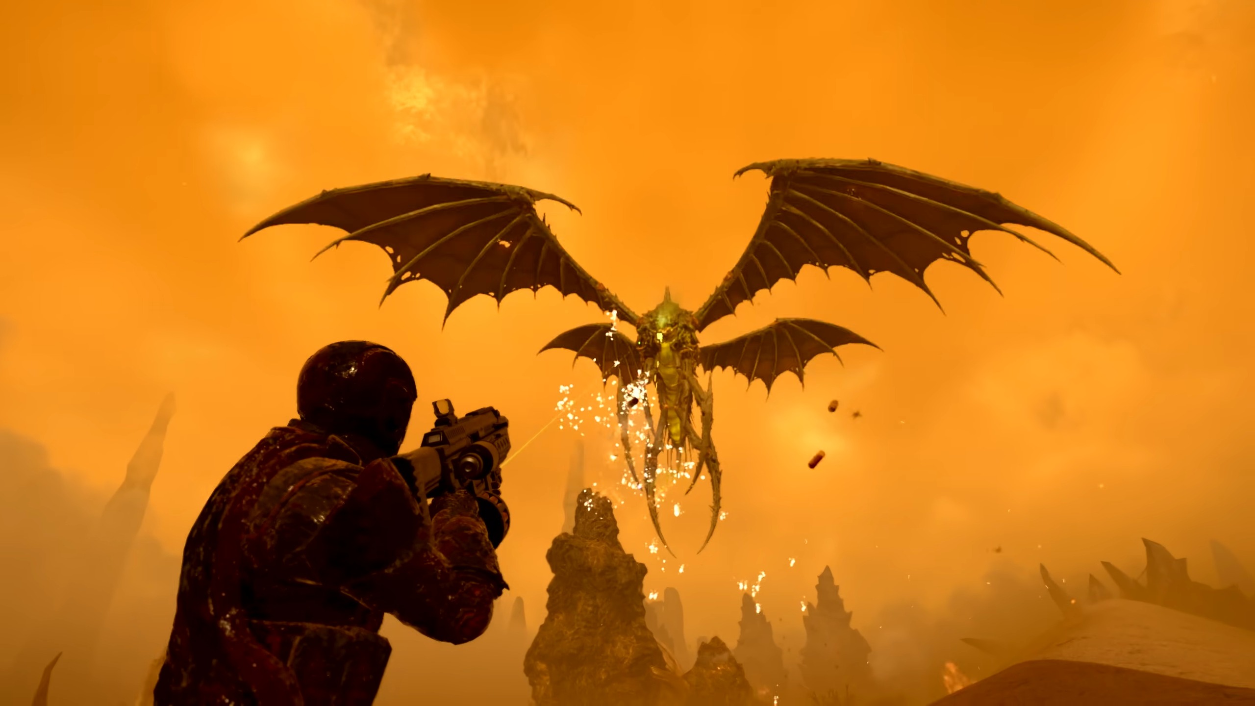 A screenshot of the Dragonroach, one of the new Terminid enemies in Helldivers 2&#039;s Into the Unjust update.