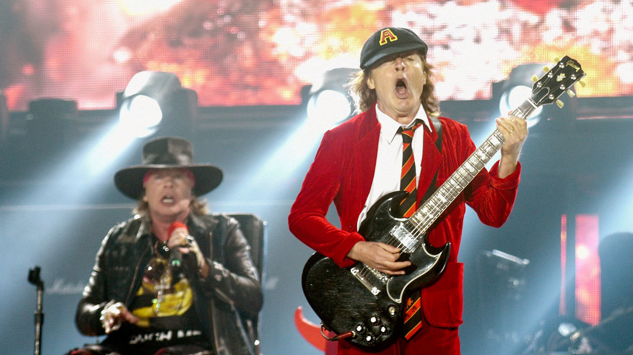 Axl Rose and Angus Young onstage