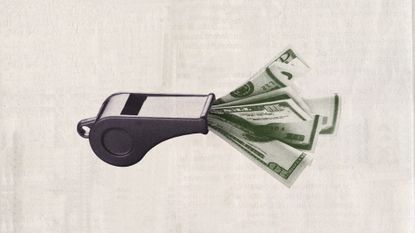 Photo collage of a whistle stuffed with dollar bills