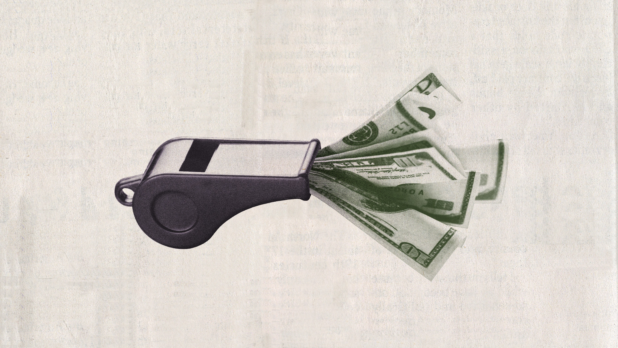 Photo collage of a whistle stuffed with dollar bills