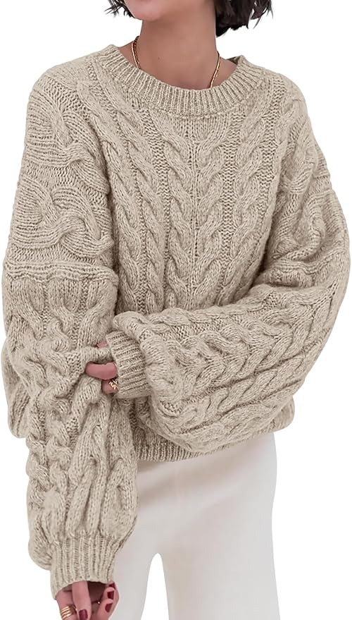 PRETTYGARDEN, Prettygarden Womens Sweaters Spring 2025 Cable Knit Long Sleeve Crewneck Oversized Sweater Chunky Pullover Loose Outfits (khaki, X-Large)