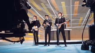 English Rock Band The Beatles, from left Paul McCartney, George Harrison, John Lennon, Ringo Starr performing on the Television Variety Series, &quot;The Ed Sullivan Show&quot;, New York City, New York, USA, Bernard Gotfryd, February 1964