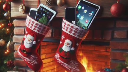 Christmas stockings filled with tech items above a fireplace 