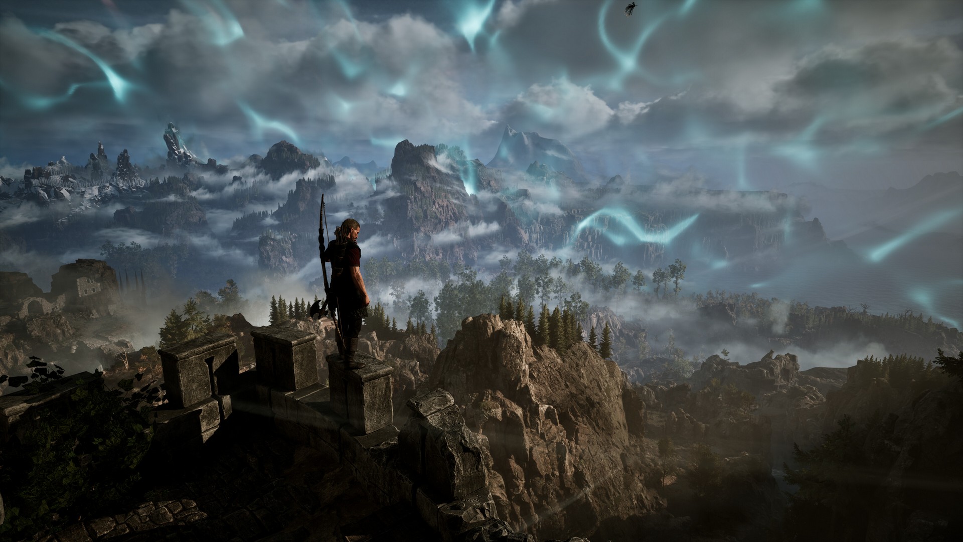 The player stands on the edge of a high battlement in Gothic 1 Remake, seeing over a great distance