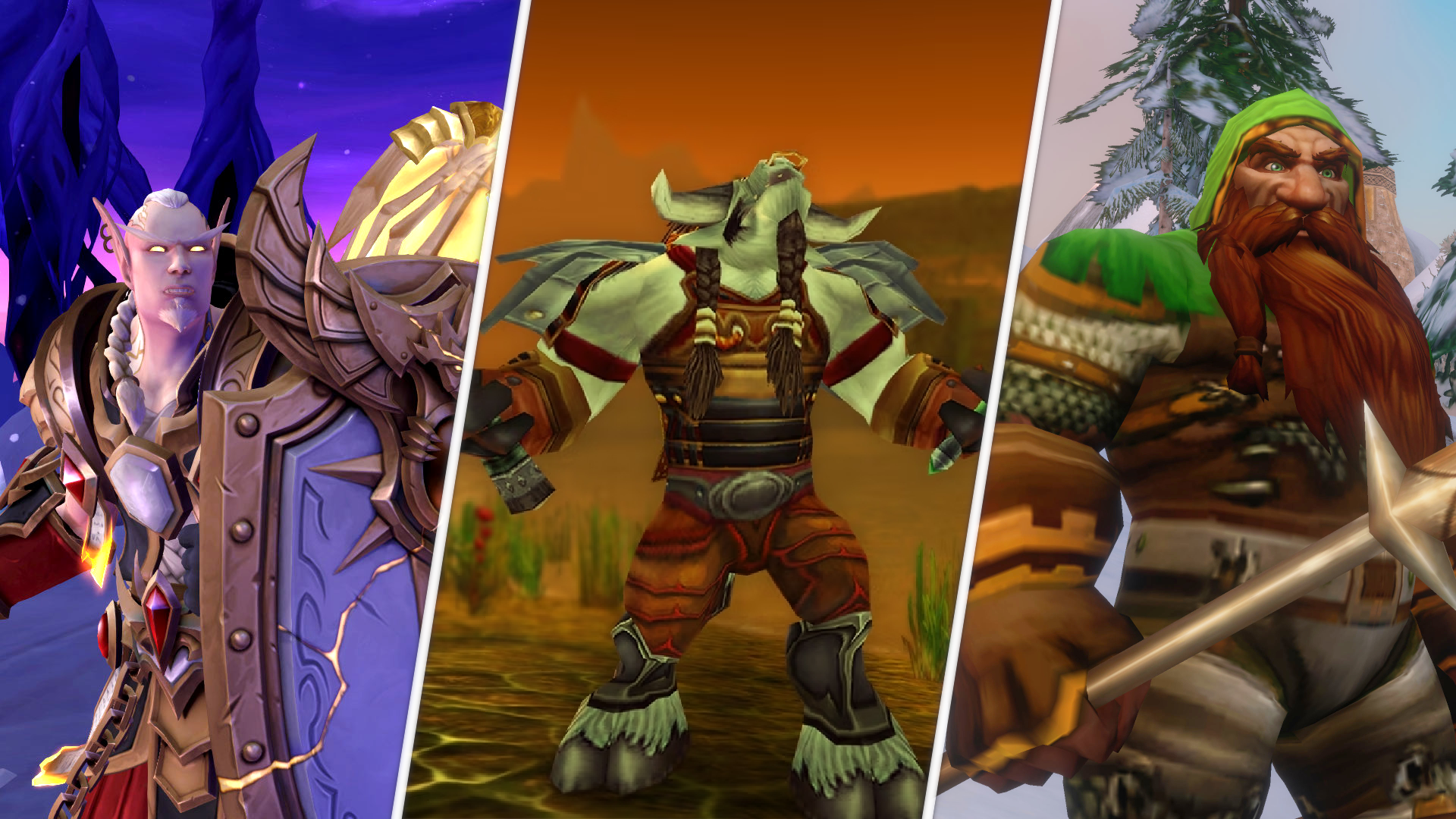 Three screenshots of World of Warcraft: Retail, Classic, and Forever.