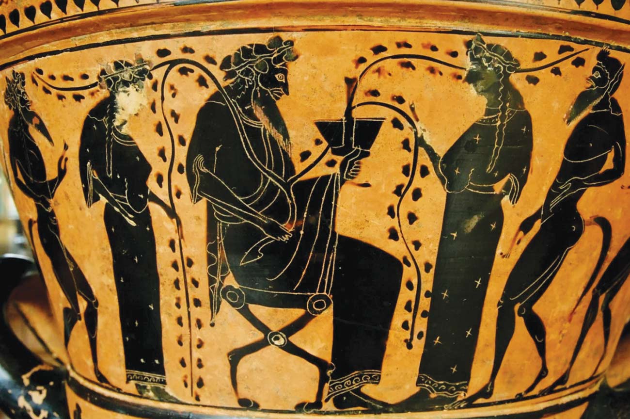 A painted Ancient Greek vase showing Dionysus, god of wine