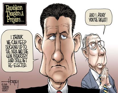 Political cartoon U.S. Paul Ryan Mitch McConnell NRA donations gun violence thoughts and prayers
