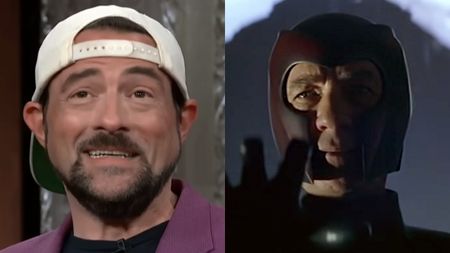 Kevin Smith is interviewed on The Late Show with Stephen Colbert, while Magneto (Ian McKellen) attacks in X-Men.