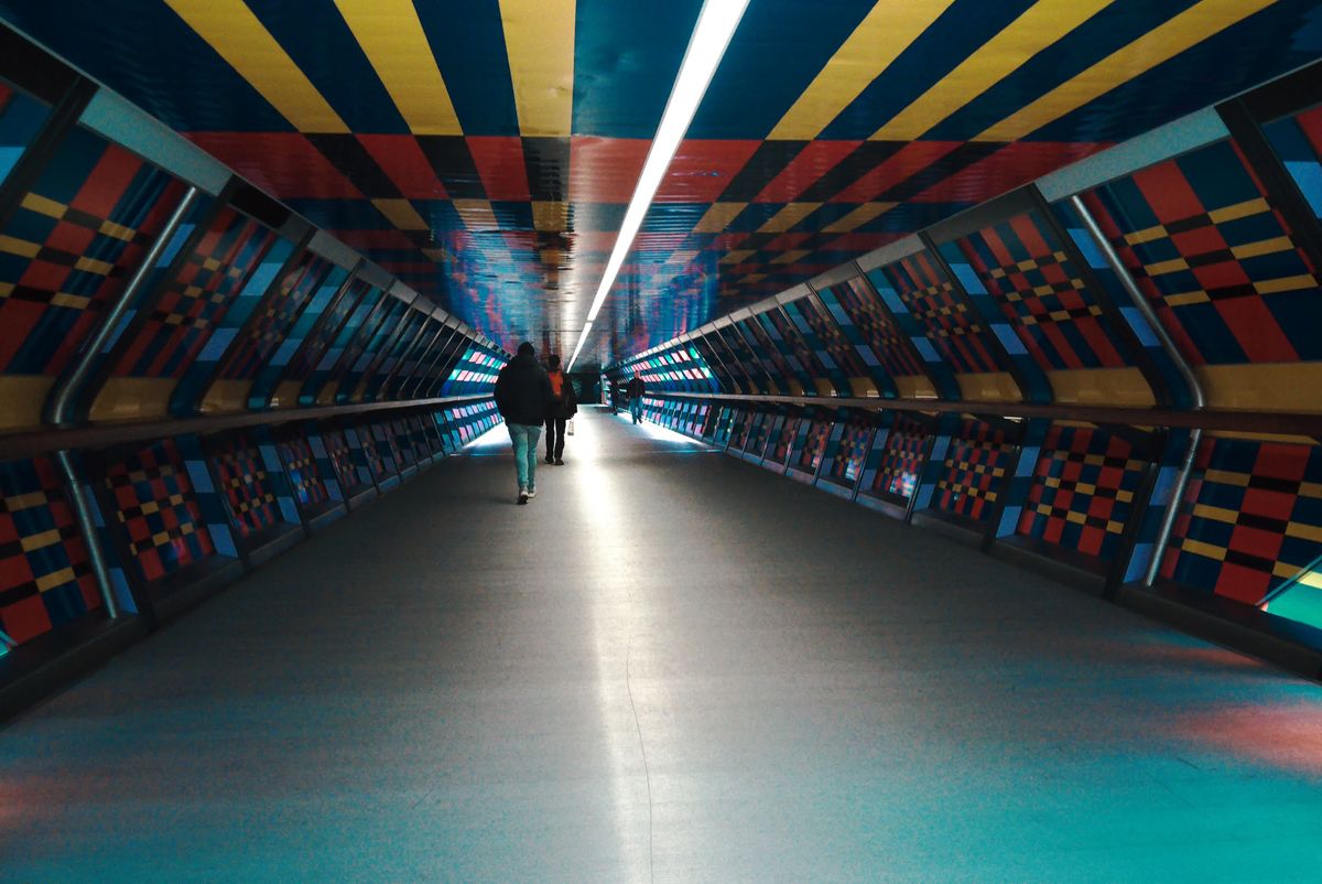 Photograph taken with the RewindPix digital compact showing an artistically stylised overpass with geometric designs
