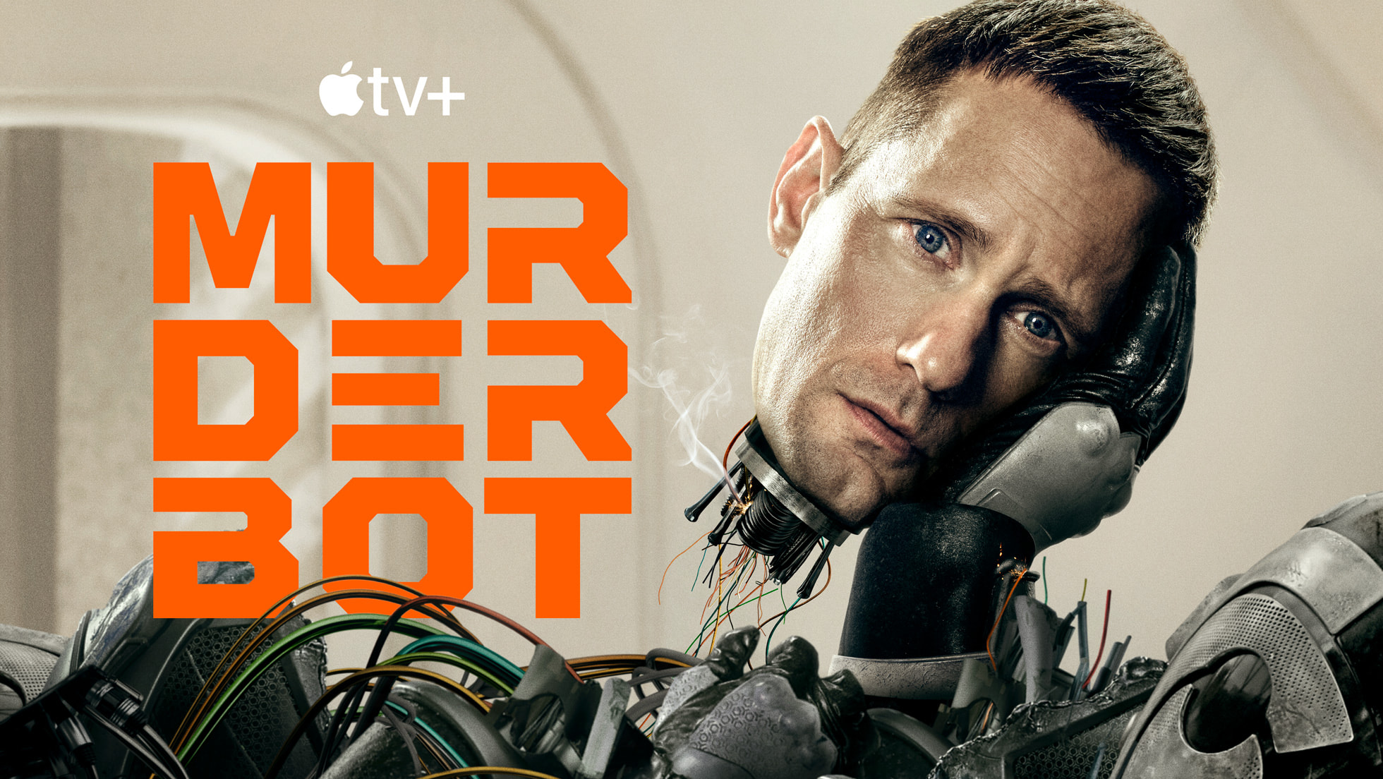 A cyborg holding its own head, with the show title "Murderbot" showing on the left of the image.