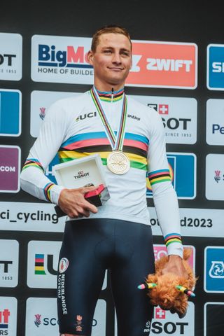 Mathieu van der Poel atop the podium at the 2023 World Championships in Glasgow
