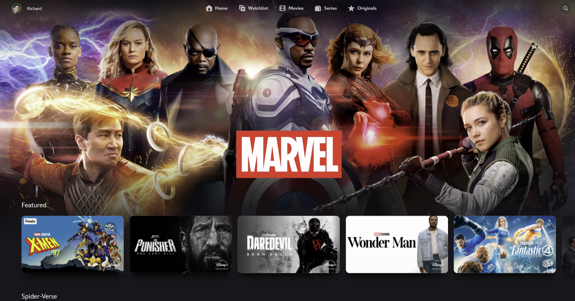 An image of the Marvel subsection on the Disney+ web app.