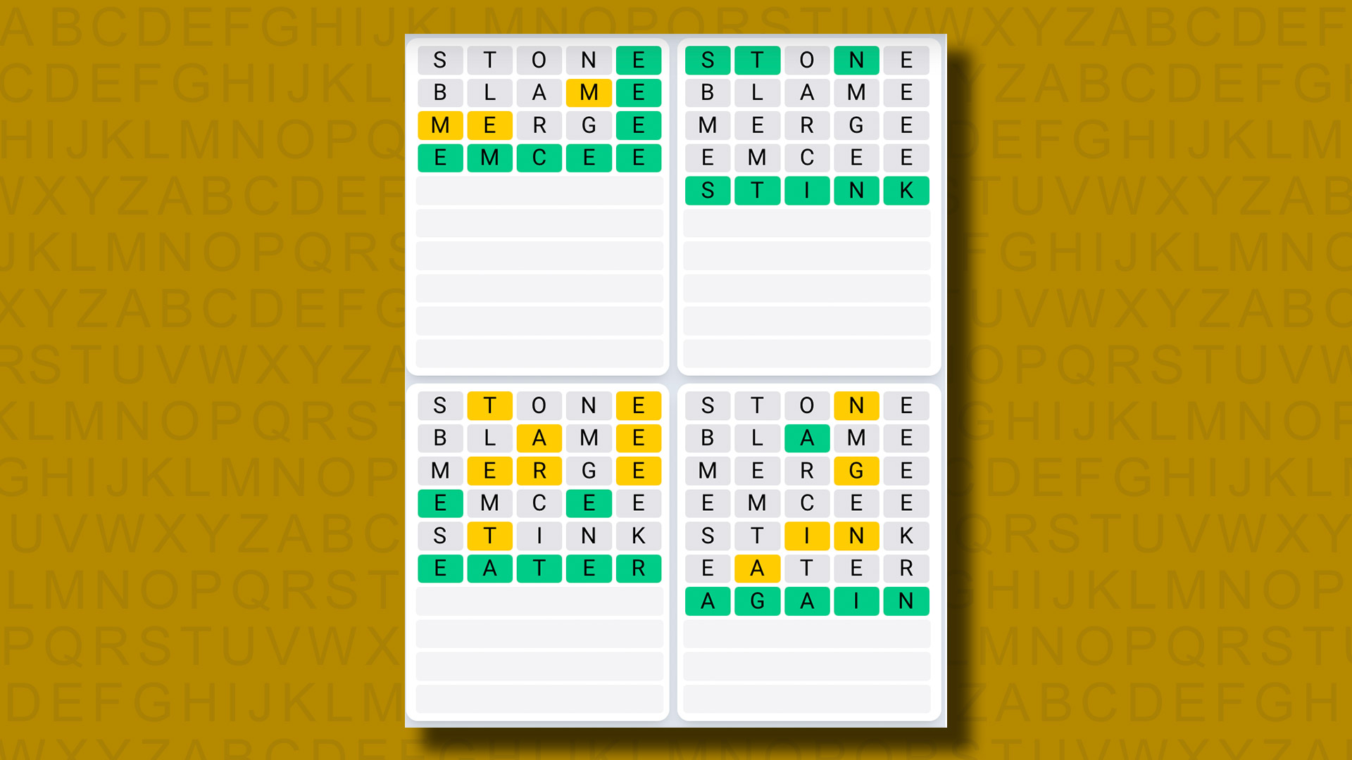 Quordle Daily Sequence answers for game 1060 on a yellow background