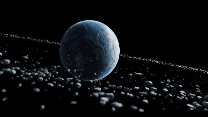 An artist&#039;s impression of Earth and its ancient asteroid ring.