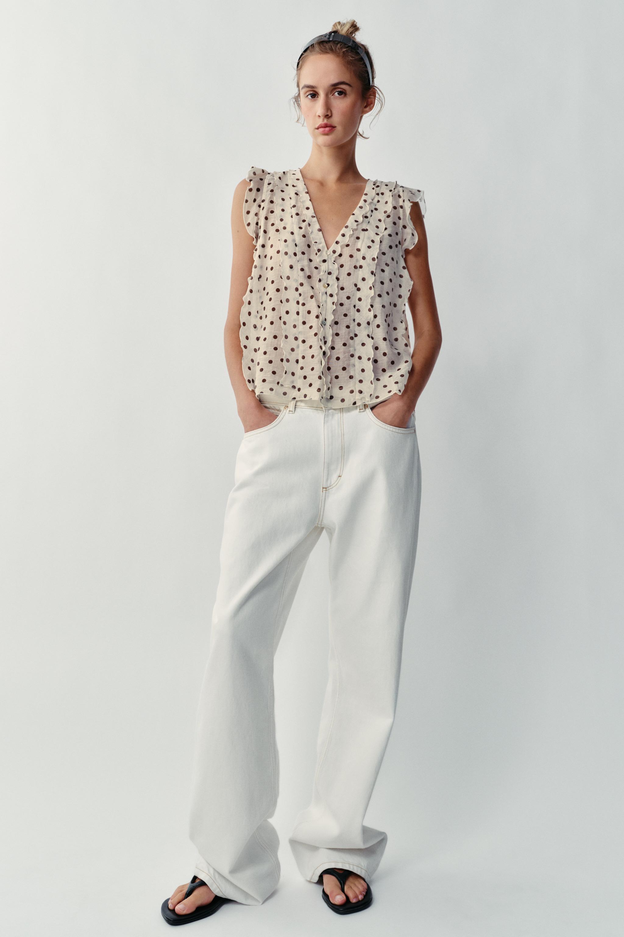 Printed Polka Dot Blouse - Ecru / Brown - Xs
