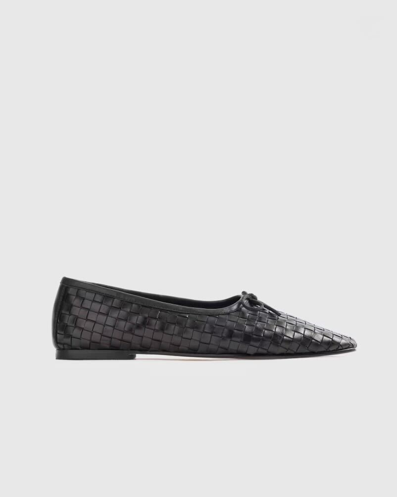 Italian Leather Handwoven Square Toe Ballet Flat in Black