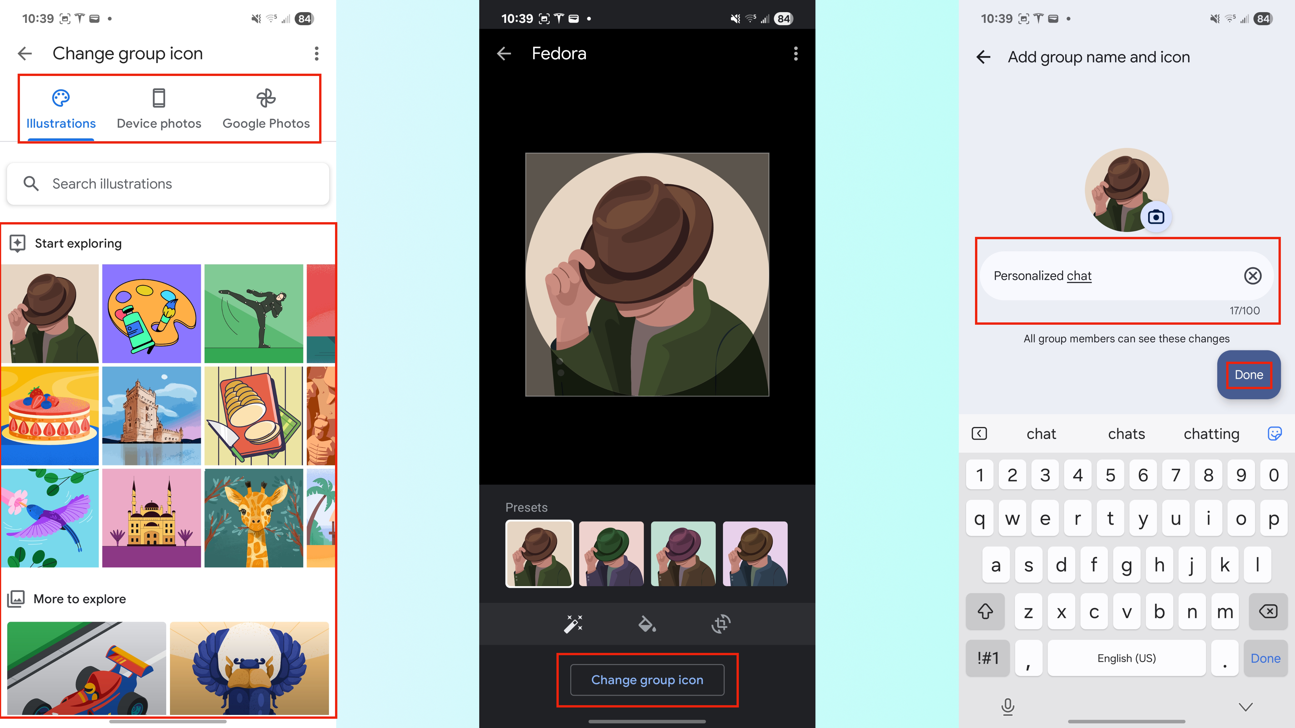 Screenshots showing how to change the name and icon of a group chat in Google Messages.