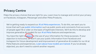 Meta's Privacy Centre notice on AI training with the highlighted word 