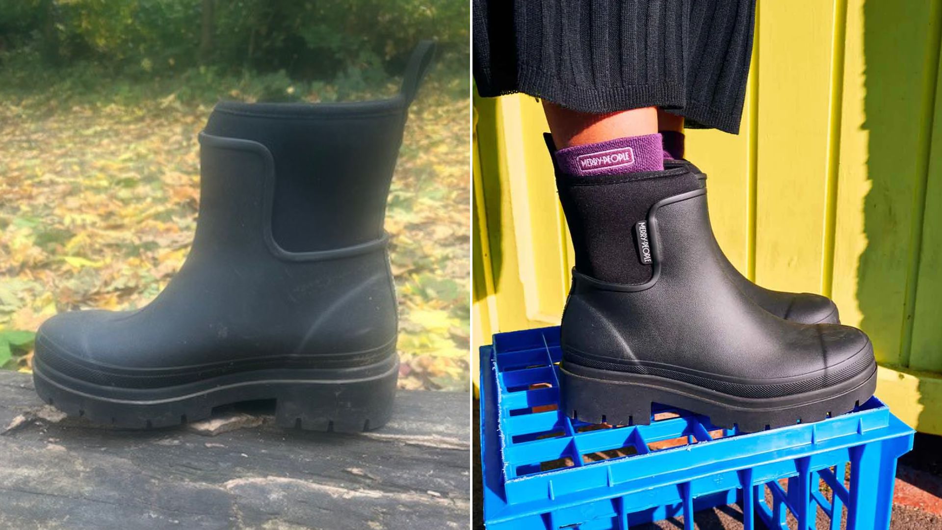 Two images of the Merry People Tully wellies in black
