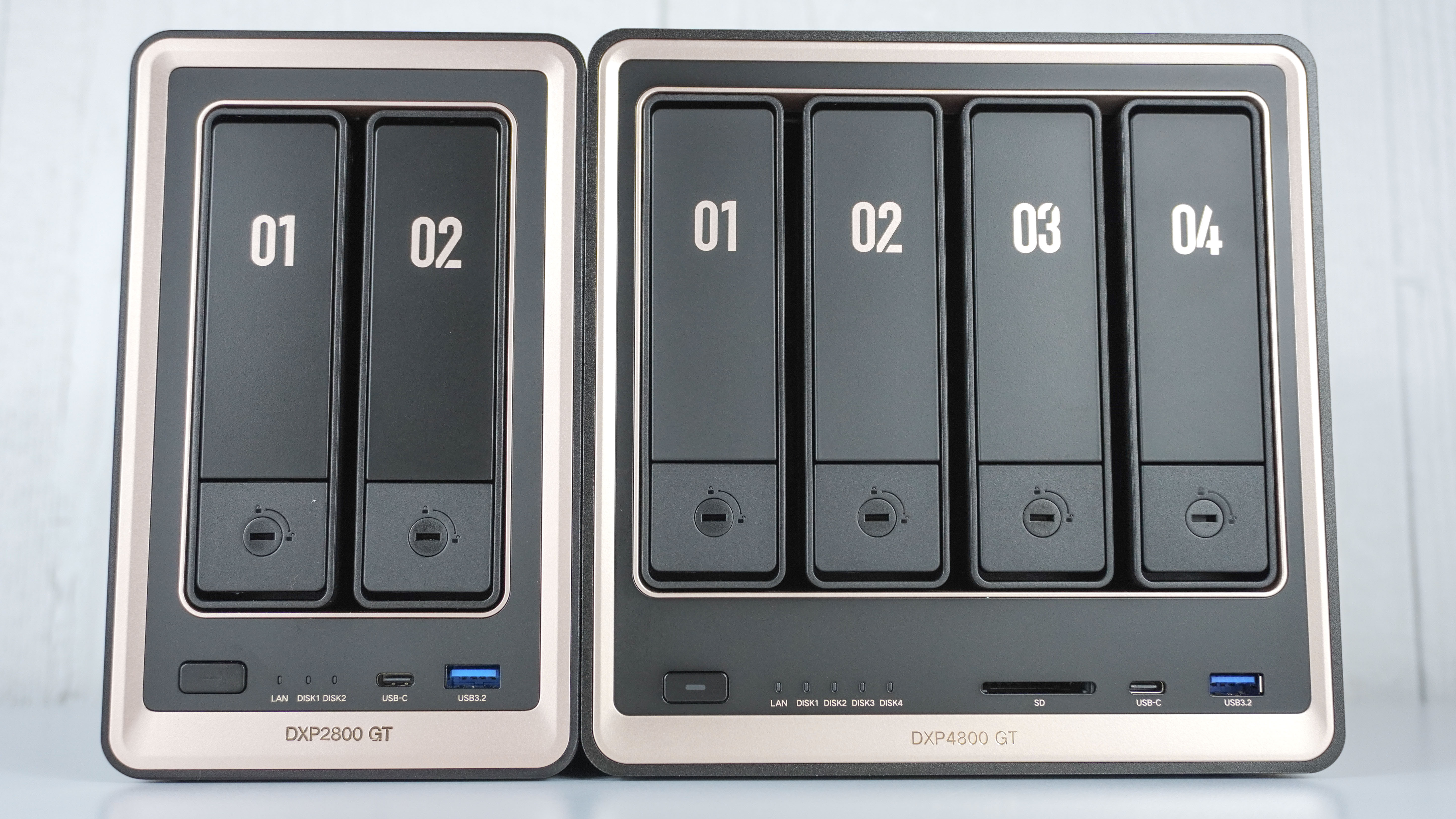 The Ugreen DXP2800 GT and DXP4800 GT side by side showing off their front ports