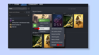 A screenshot of the Steam client on Windows, with red arrows pointing at Manage and Uninstall. 