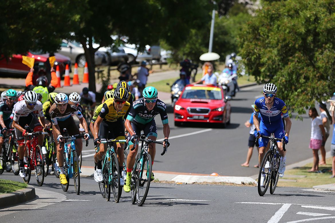 Peter Kennaugh leads the way onto Challambra with George Bennett on his wheel