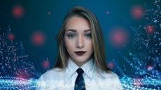 A businesswoman in a suit surrounded by lights and red glowing circles against a dark background, to represent AI personas and AI product videos.