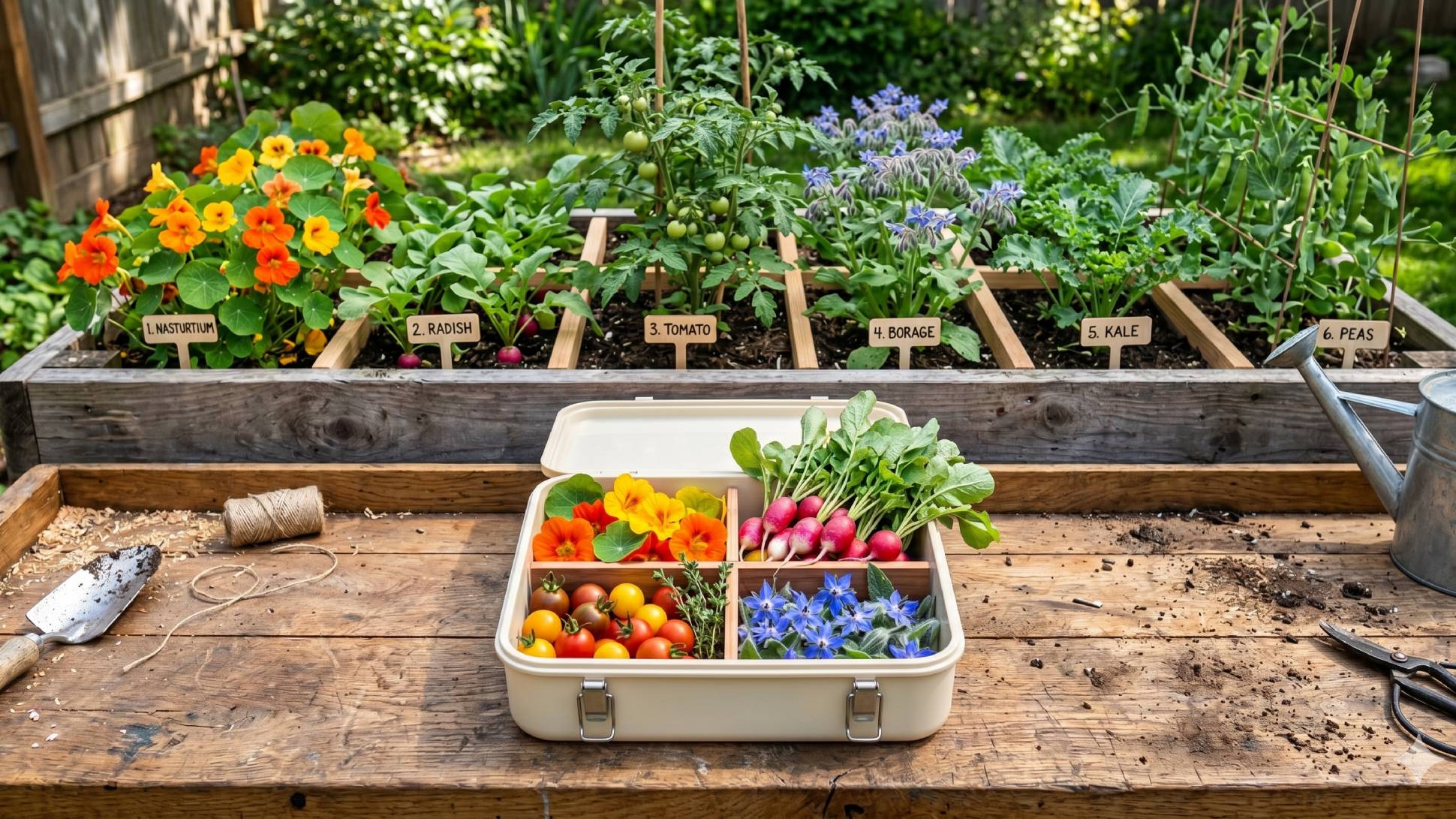 A bento box of borage, nasturtium, radish, and cherry tomatoes on a wooden bench in front of a raised garden bed