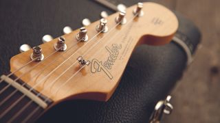 Close up of the headstock on a Fender Stratocaster
