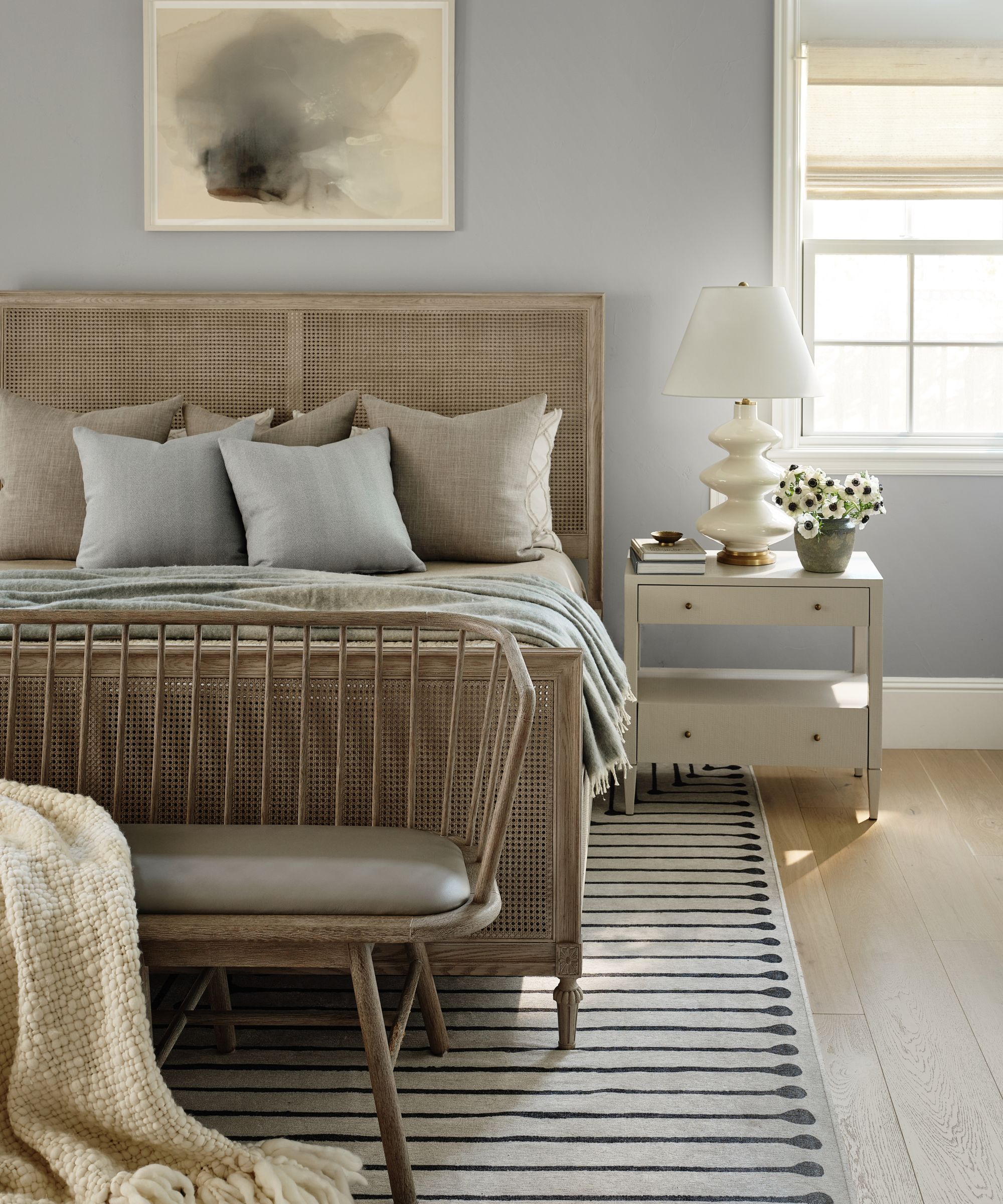 bedroom with gray and blue neutral scheme