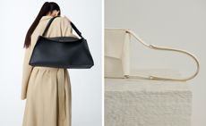 Woman on left holding Studio Nicholson back leather bag, on right, a white leather Studio Nicholson bag resting on a textured block