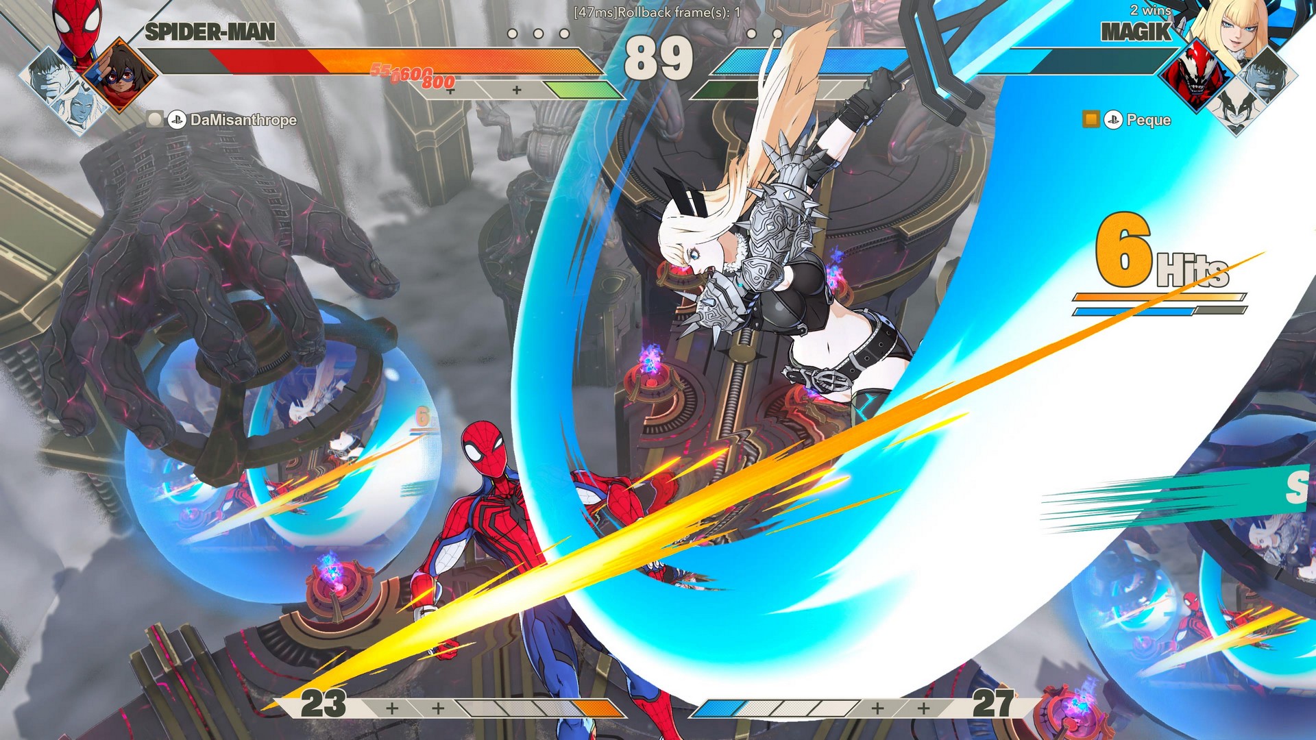 Magik spikes Spider-Man during an air combo in Marvel Tokon