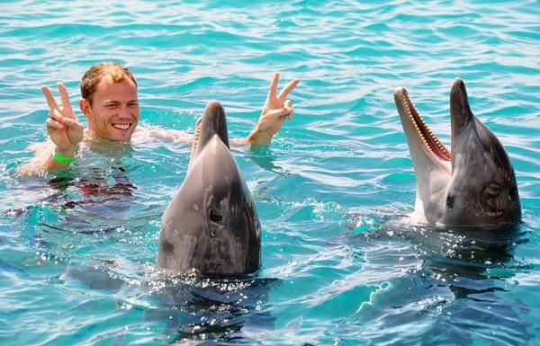 Thor Hushovd enjoys the company of two dolphins in Cura&ccedil;ao.