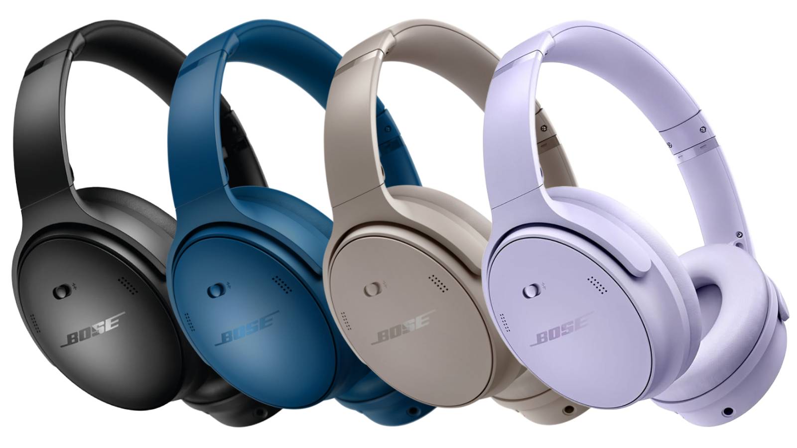 A collection of Bose QuietComfort headphones in black, blue, sandstone, and lilac.