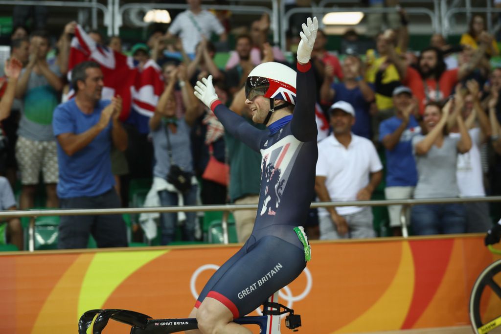 Jason Kenny celebrates winning his third gold medal of the Rio Olympics