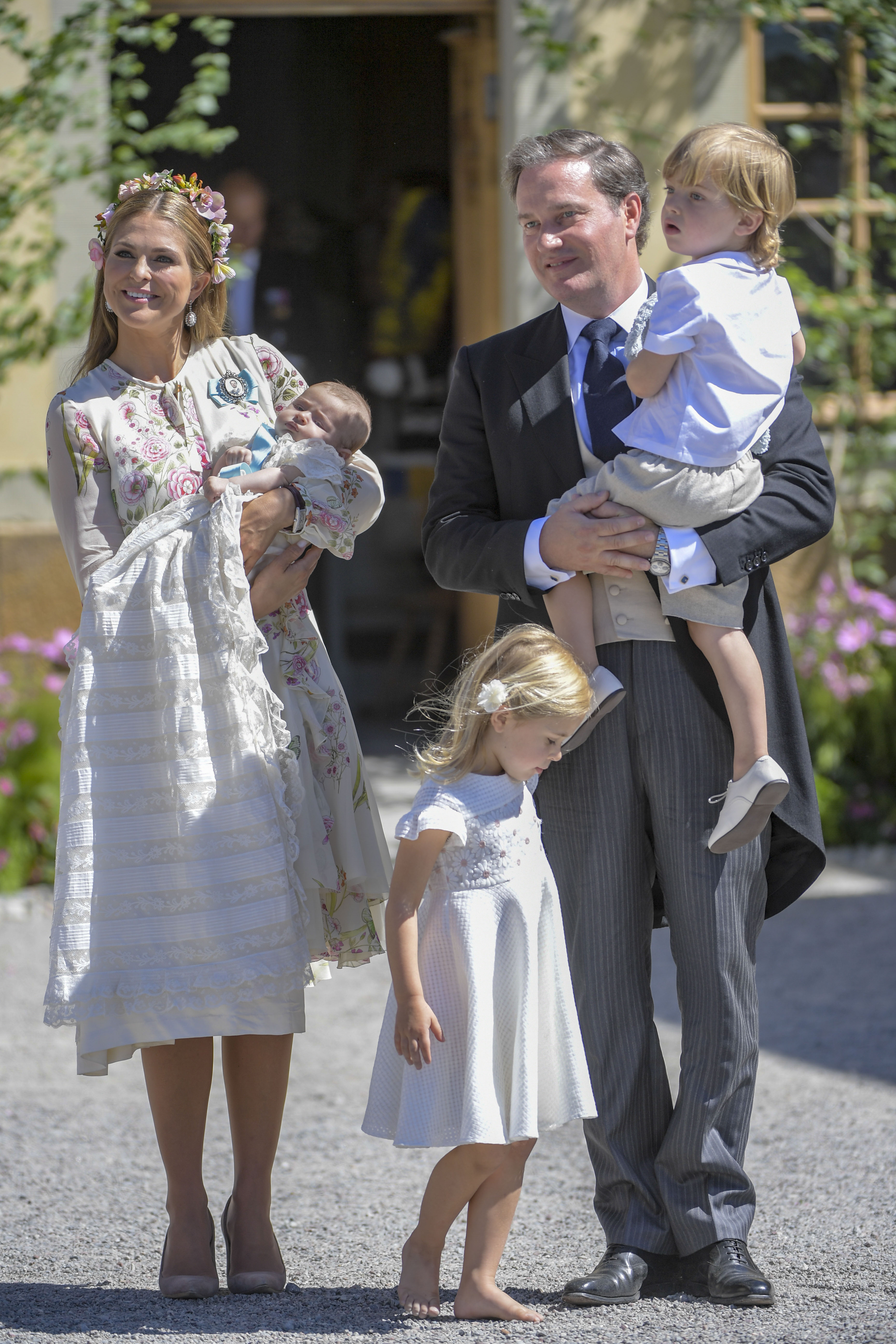 Princess Madeleine of Sweden, princess Adrienne , princess Leonore, Mr Christopher O'Neill and prince Nicolas of Sweden (Photo credit should read HENRIK MONTGOMERY/AFP via Getty Images)