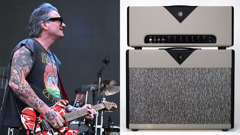 Butch Walker plays an EVH Striped Series superstrat [left]. On the right, his new signature Divided By 13 tube amp and matching cabinet.