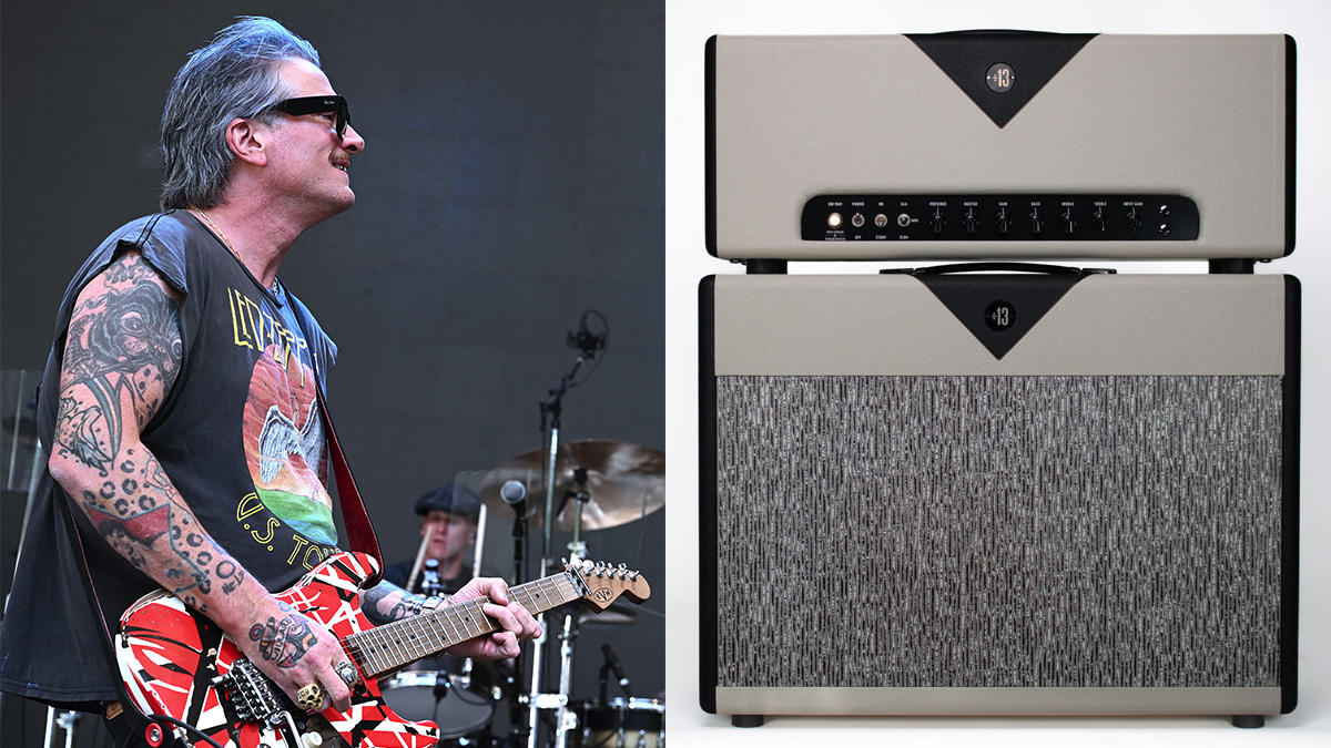 Butch Walker plays an EVH Striped Series superstrat [left]. On the right, his new signature Divided By 13 tube amp and matching cabinet.