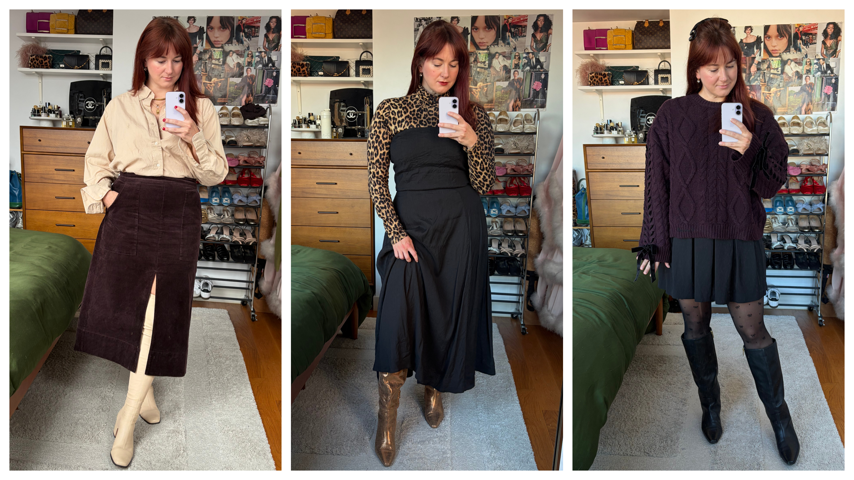 three mirror selfies of Tyler McCall wearing wide calf boots