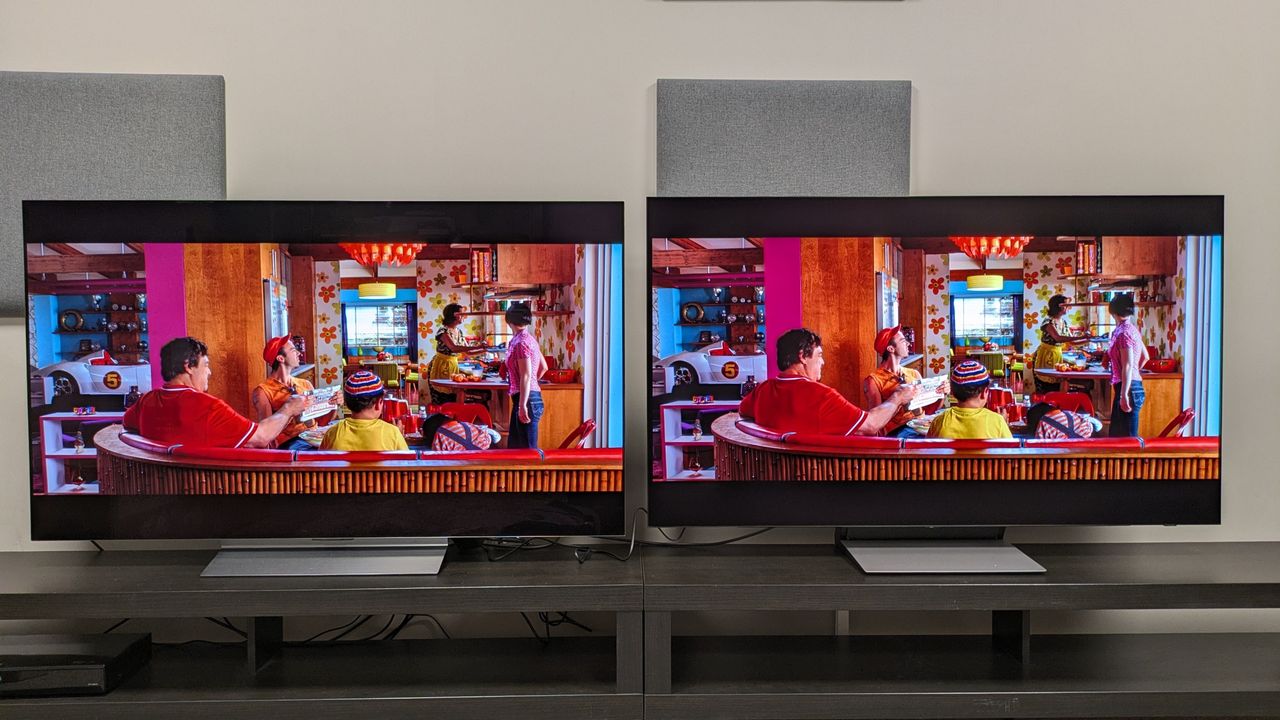 LG C6 (left) and Samsung S90H (right) showing shot of Racer family kitchen from Speed Racer. Both TVs display fantastic colors, but the S90H is more vibrant with this movie