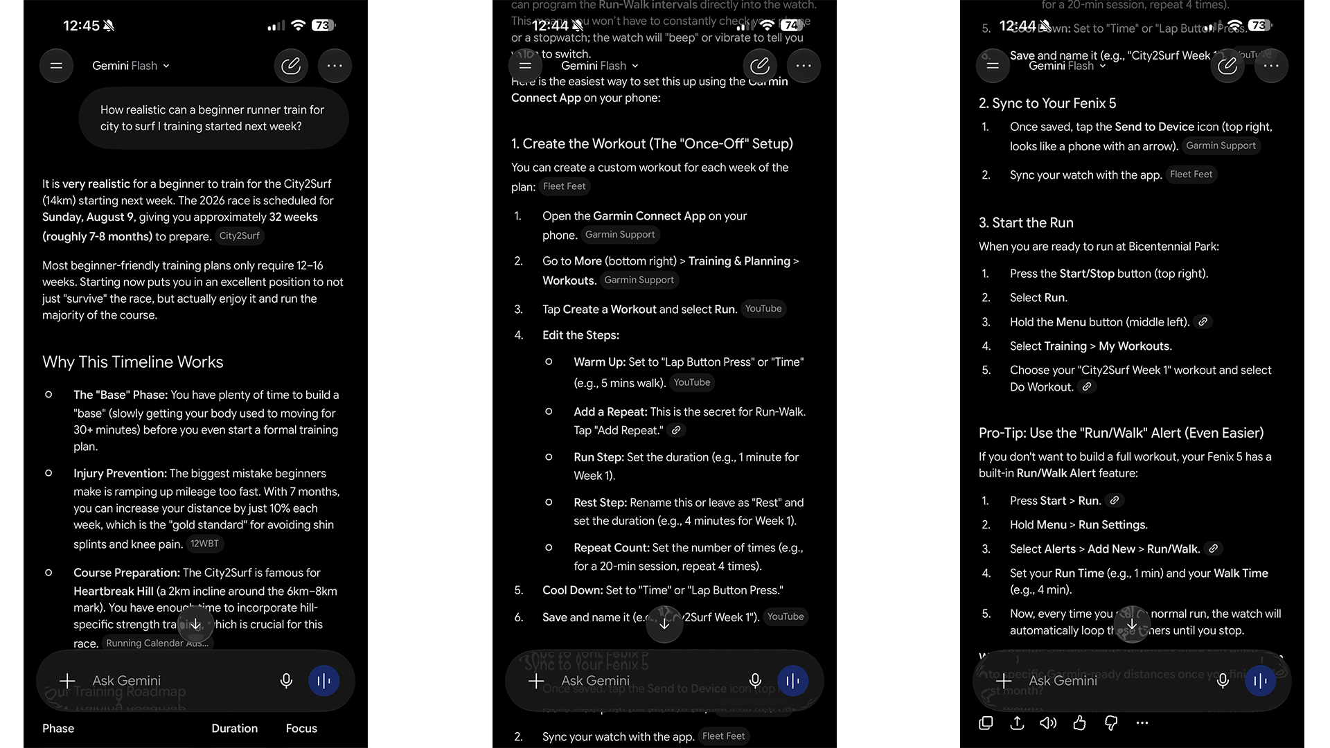 Screenshots of Google Gemini's generated running training plan