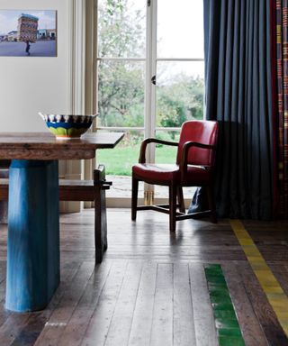 Reclaimed furniture against wooden reclaimed flooring and tiles in different colours