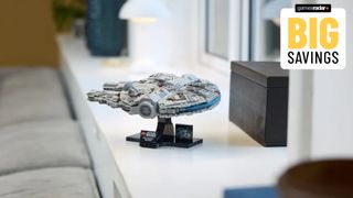 Lego Millennium Falcon set facing away on a shelf, with a 'big savings' badge in the top right-hand corner
