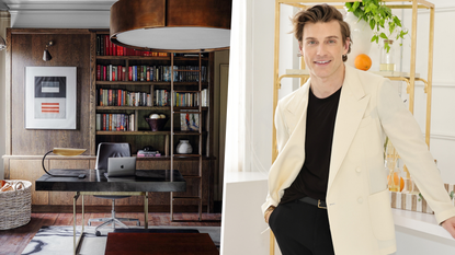 A photo of designer Jeremiah Brent next to an image of a home office with a large bookshelf in the background