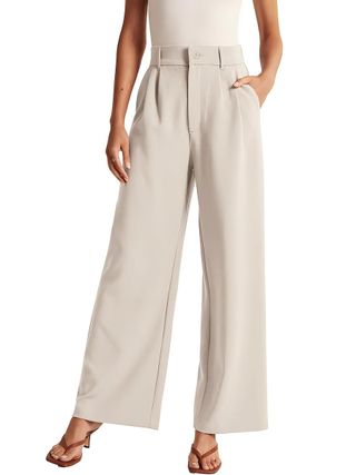 Noahella Womens Wide Leg Pants High Waisted Business Casual Summer Dress Pants Palazzo Long Work Trousers With Pockets Beige M