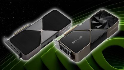 Nvidia GeForce RTX 5090 next to RTX 4090 graphics card with glowing outline and green logo in backdrop