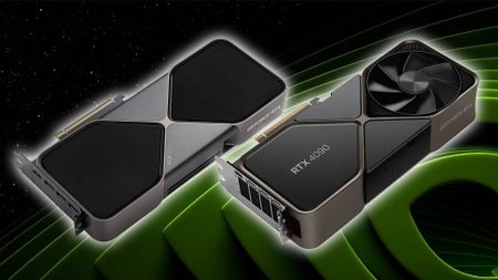 Nvidia GeForce RTX 5090 next to RTX 4090 graphics card with glowing outline and green logo in backdrop