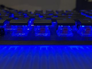The Roccat Vulcan II Max with its raised switches, in a fetching Blue RGB
