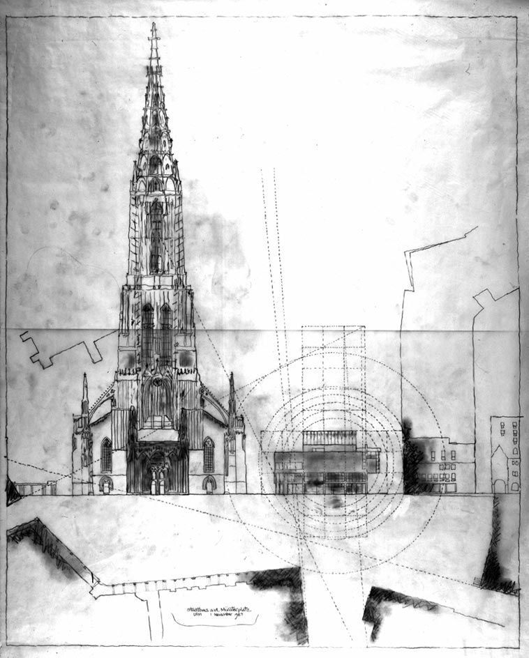 Working plan of the Ulm Stadthaus in-situ next to the imposing Lutheran minster