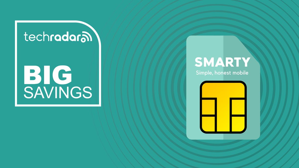 Smarty Mobile branded SIM card on cyan background with big savings text overlay